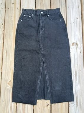 Washed Black Denim Front-Slit Midi Skirt